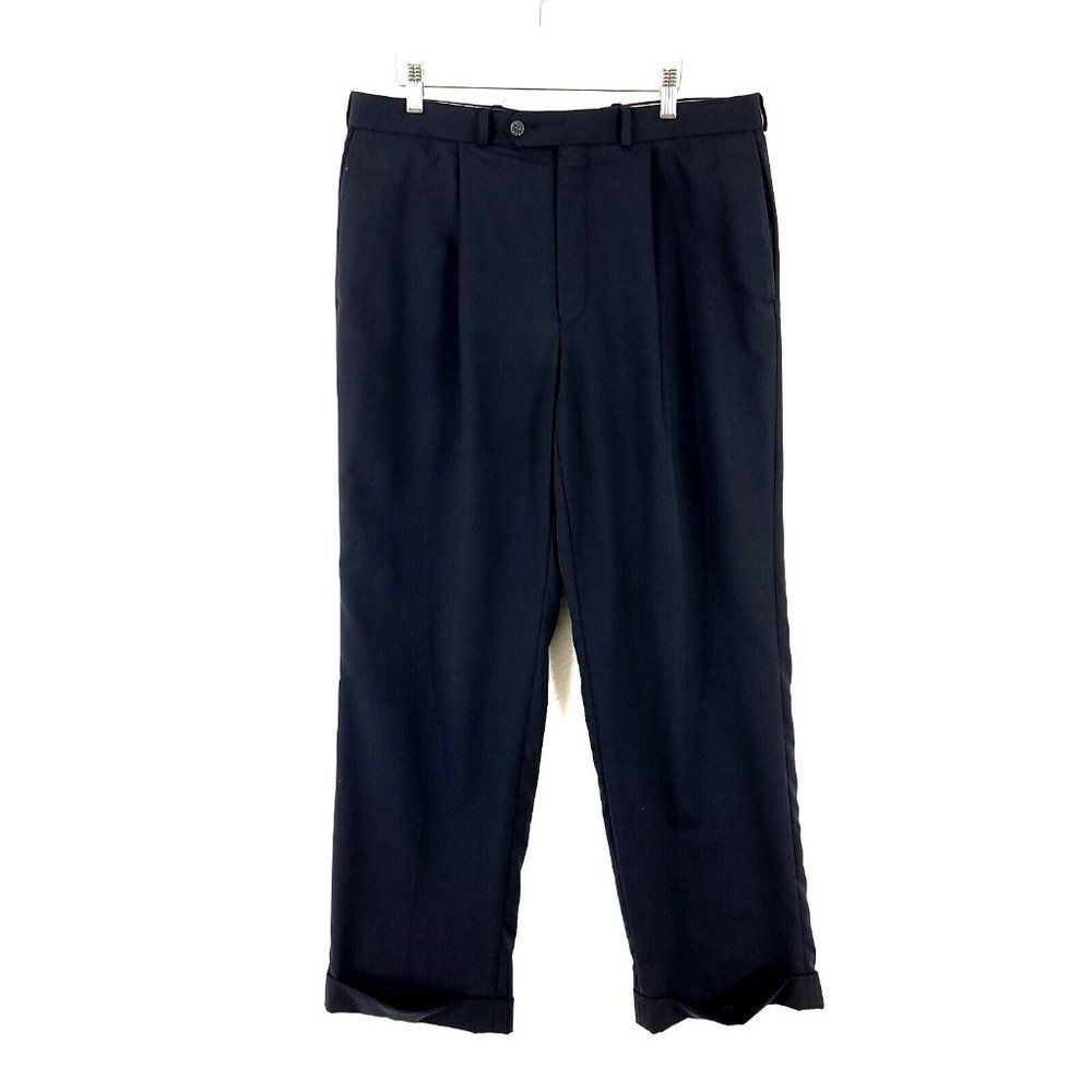Polo Ralph Lauren University Super 100s Wool Blue Pleated Cuff Dress Pants 34/30